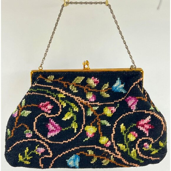 VTG 1960s Crewel Handbag/Purse/Needlepoint/X-Stitch/Embroidered Black w-Flowers - Picture 5 of 9